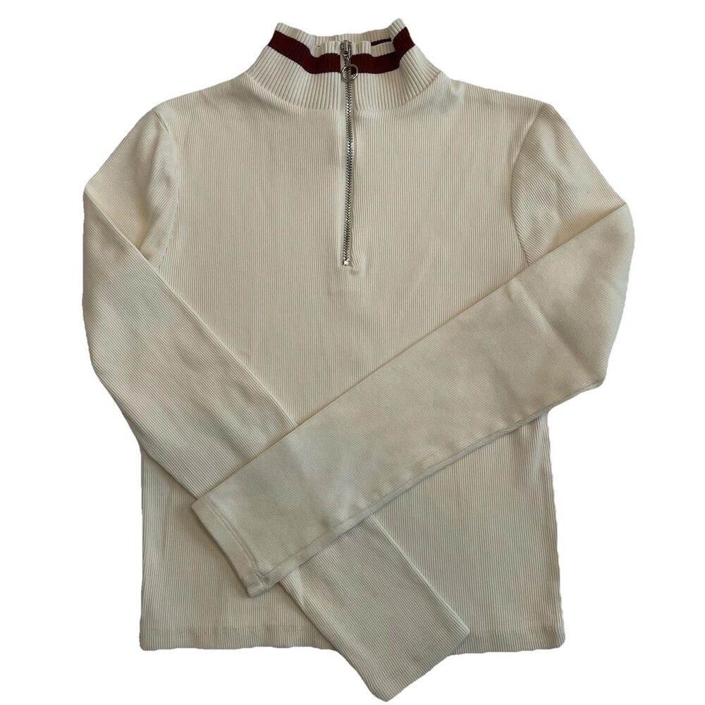 Zara Womens Mock Neck Ribbed Knit Cropped Long Sleeve Top Cream- M